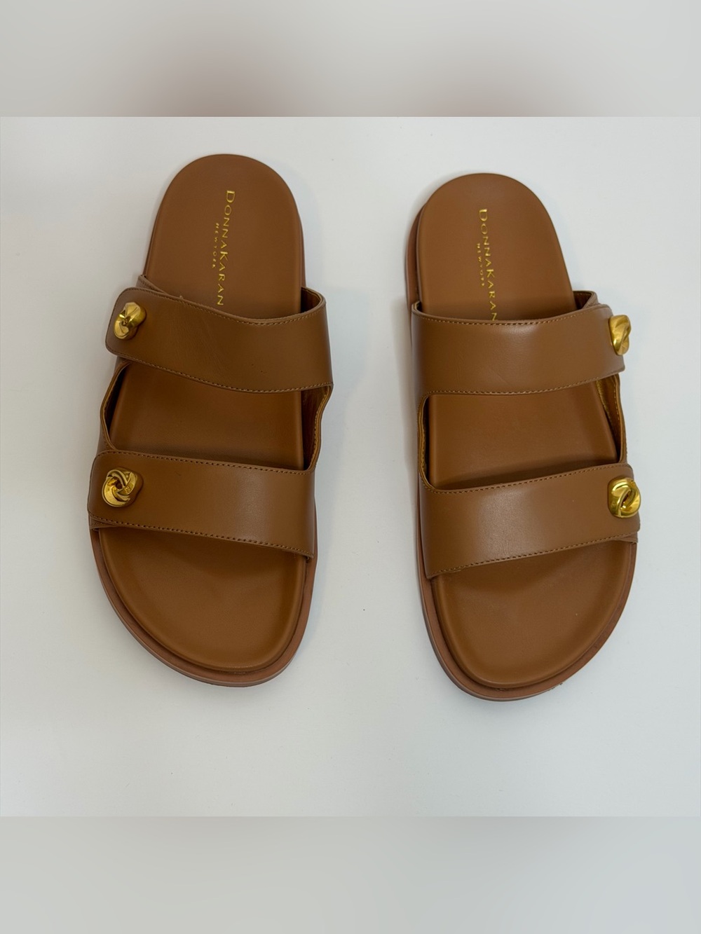Donna Karan Hazley Cognac Leather Slip-On Sandals Double Strap Gold Accents 9 - Picture 15 of 15